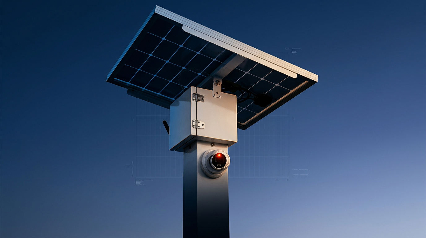 IQGuard solar-powered AI security camera and panel mounted against a dusk sky