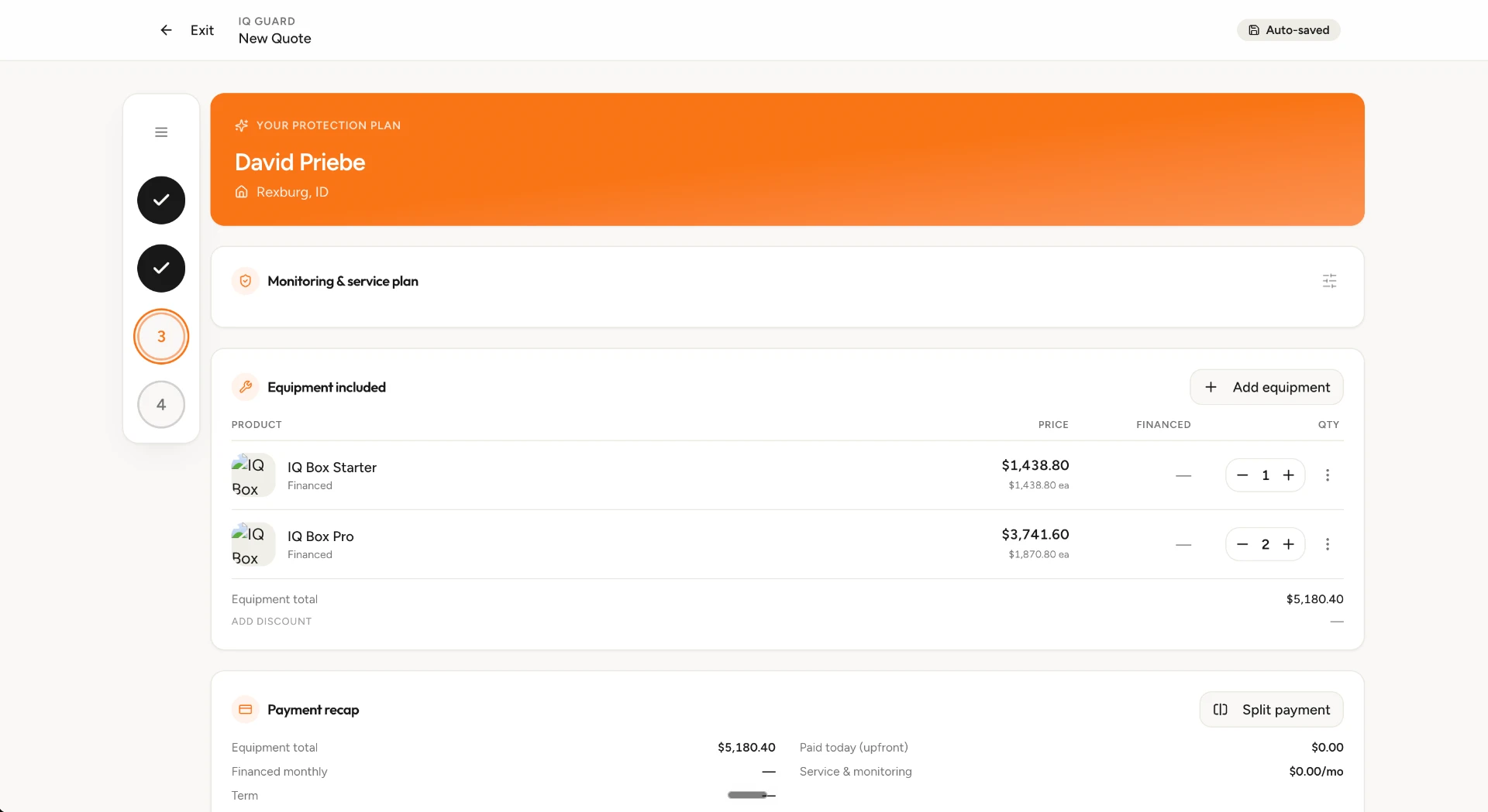 IQGuard quoting tool with hardware line items, dealer margin and proposal export