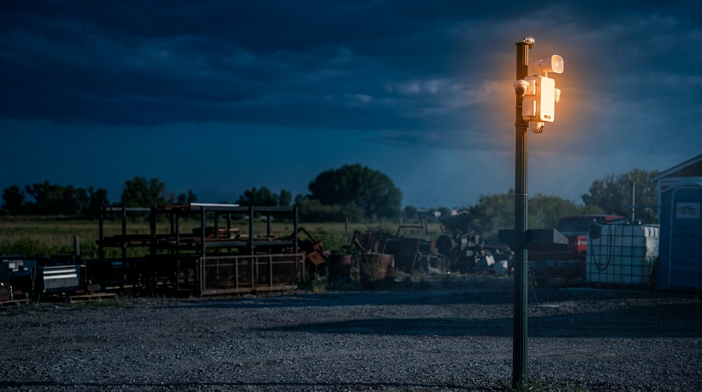 IQGuard solar security system lit at night over an equipment yard