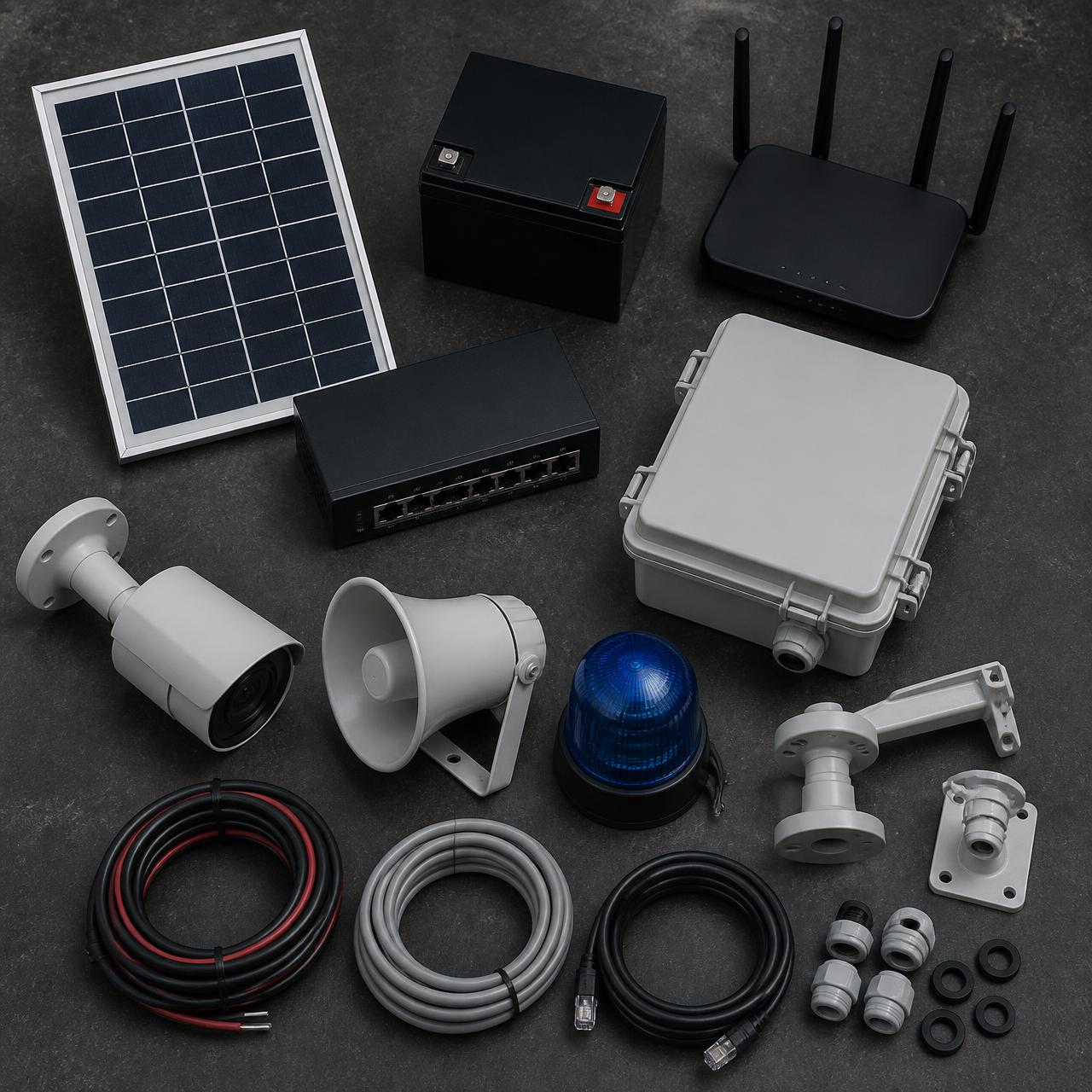 Loose parts dealers assemble themselves: solar panel, battery, LTE router, enclosure, camera