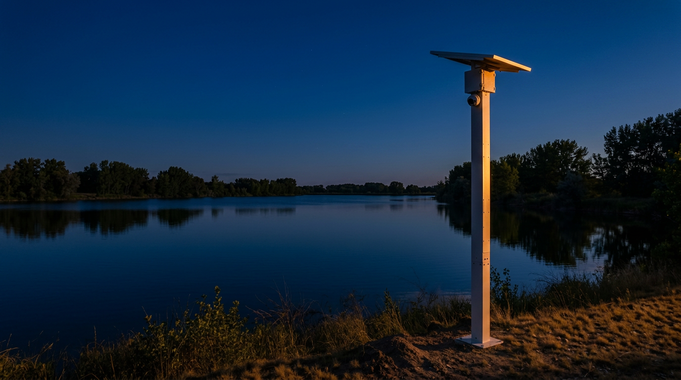 IQGuard solar powered security system on a pole at a remote off grid property at dusk
